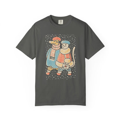 Dog and Cat on a Snowy Winter Walk T-Shirt Unisex
