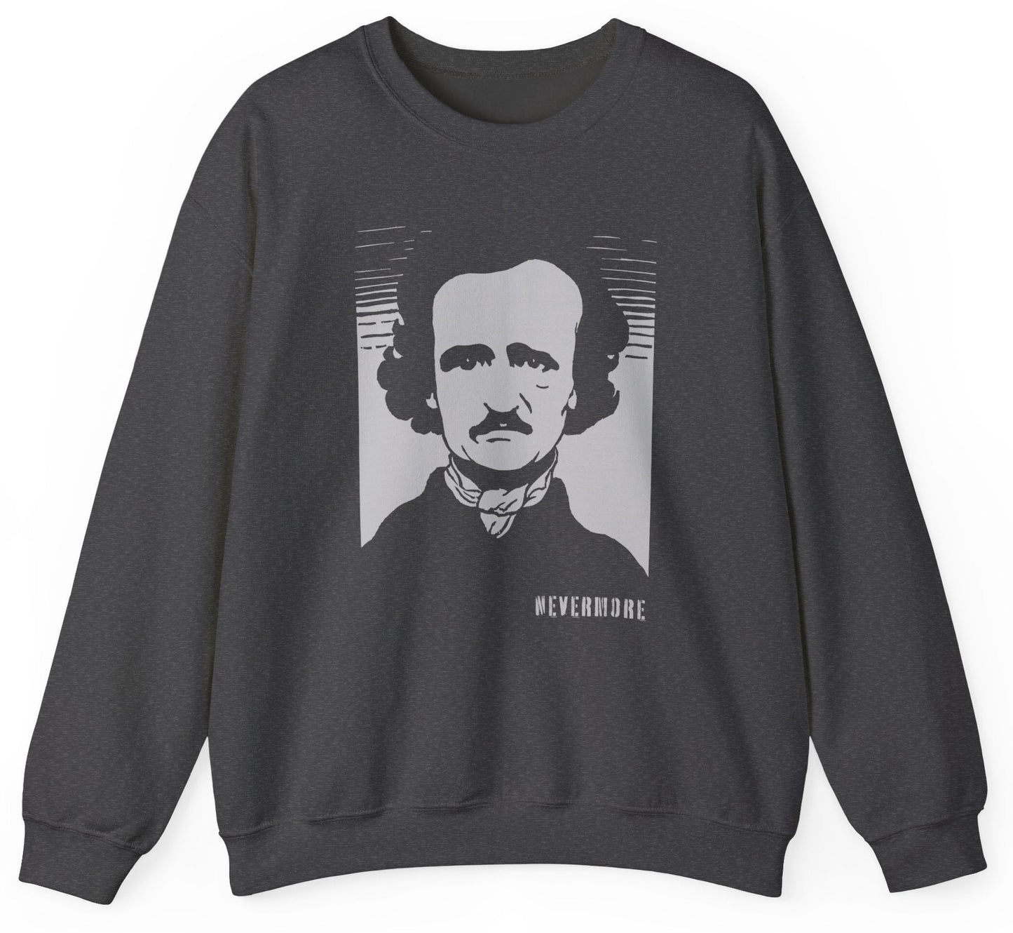 Sweatshirt with a graphic of Edgar Allan Poe and text 'Nevermore.'