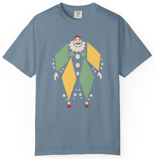 Blue t-shirt with a colorful clown graphic on a white background