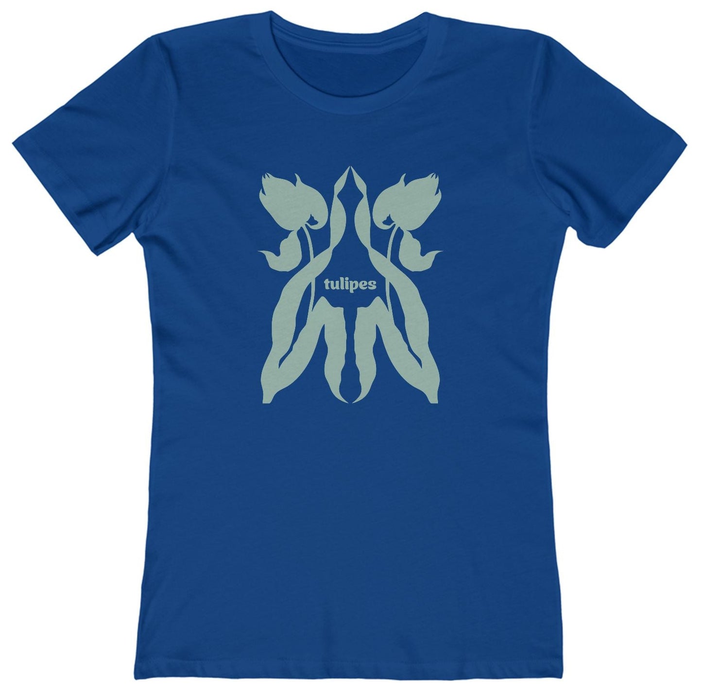 T-shirt with teal tulip design and 'tulipes' text on a white background
