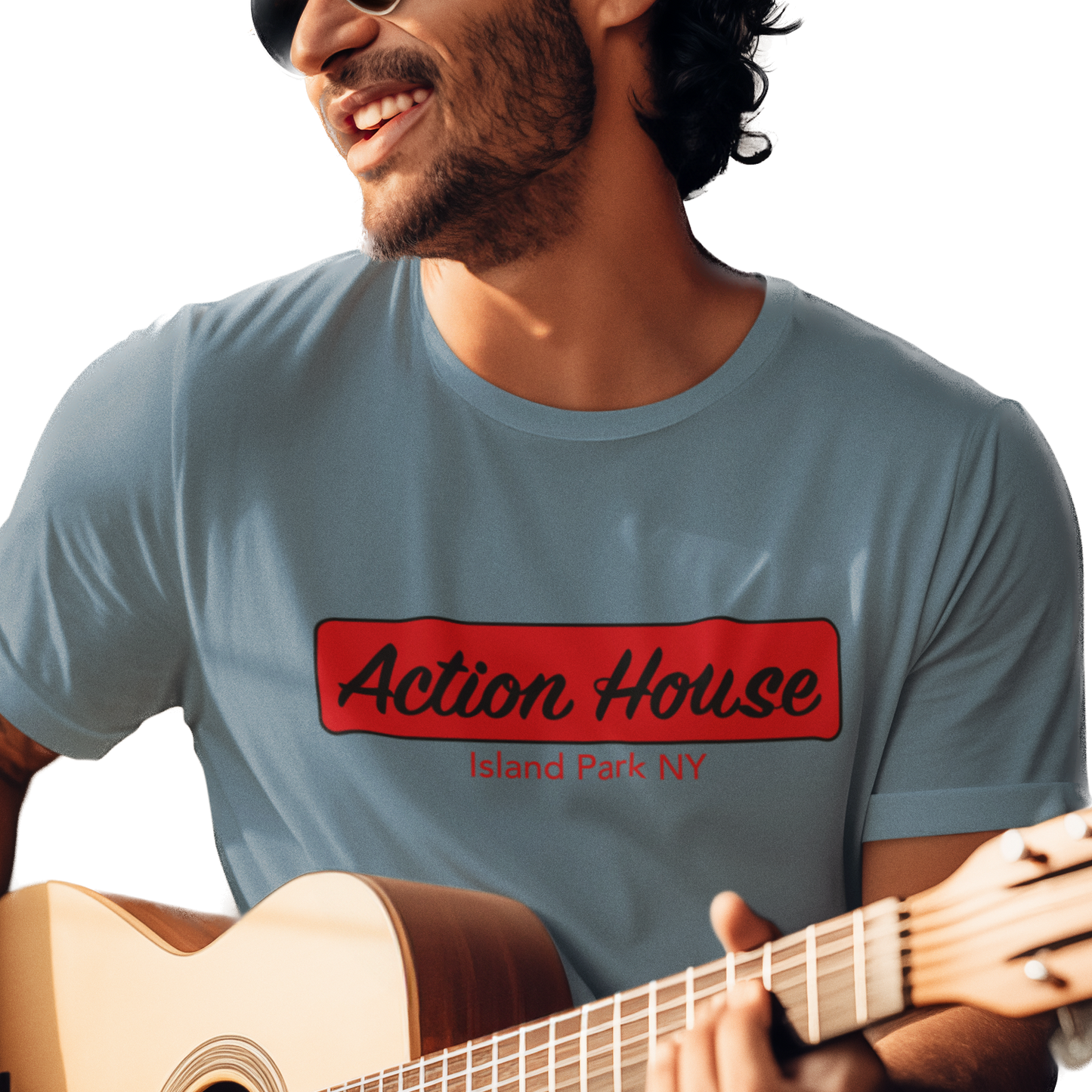 T-shirt with 'Action House Island Park' text