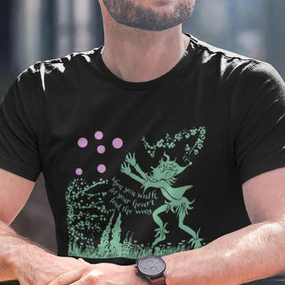 T-shirt with graphic of a faerie chasing purple bubbles and text lyrics from the song 'Alfie'