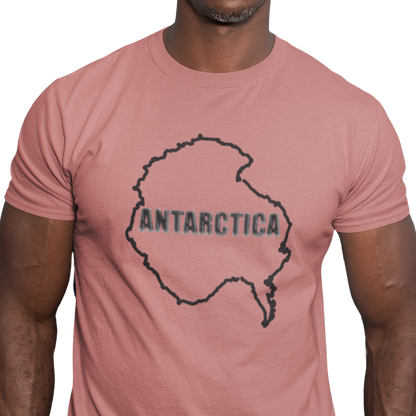 T-shirt with map of Antarctica and text 'ANTARCTICA' in snowy style lettering.
