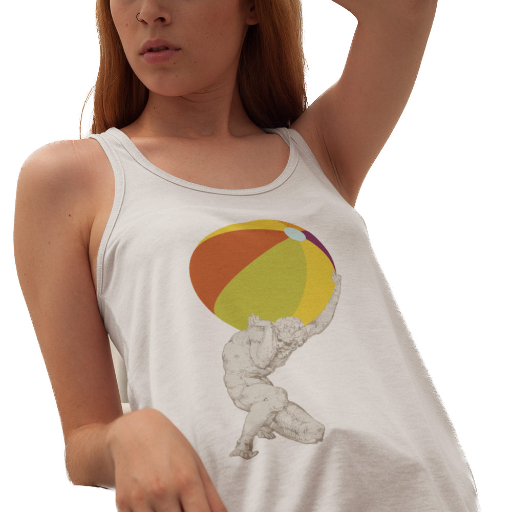 Tank top with a graphic of Atlas holding a beach ball