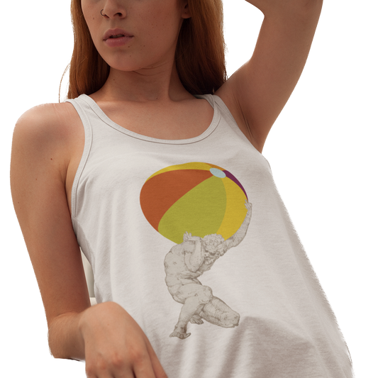 Tank top with a graphic of Atlas holding a beach ball
