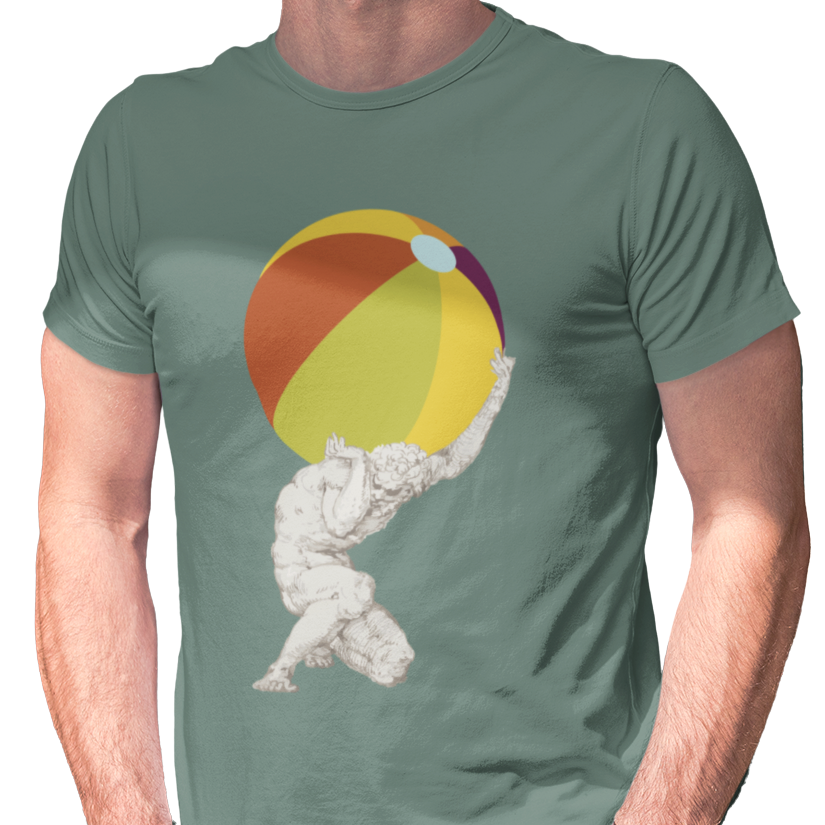 T-shirt with a graphic of atlas holding a beach ball