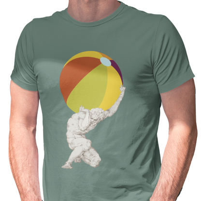 T-shirt with a graphic of atlas holding a beach ball