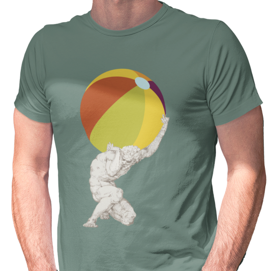 T-shirt with a graphic of atlas holding a beach ball