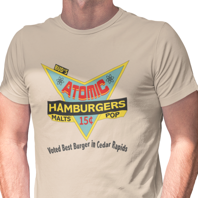 T-shirt with a mid century design for 'Atomic Hamburgers' restaurant with additional text 'Voted Best Burger in Cedar Rapids'