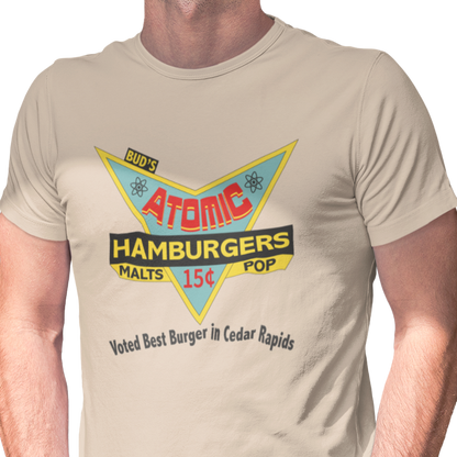 T-shirt with a mid century design for 'Atomic Hamburgers' restaurant with additional text 'Voted Best Burger in Cedar Rapids'