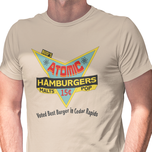 T-shirt with a mid century design for 'Atomic Hamburgers' restaurant with additional text 'Voted Best Burger in Cedar Rapids'