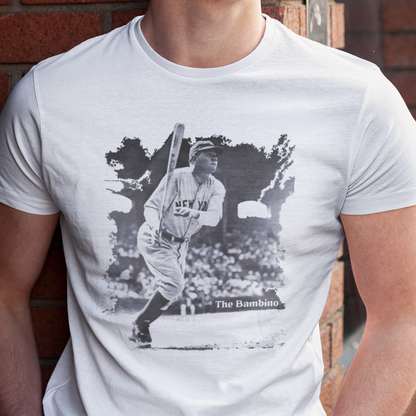 T-shirt with a graphic image of Babe Ruth playing baseball