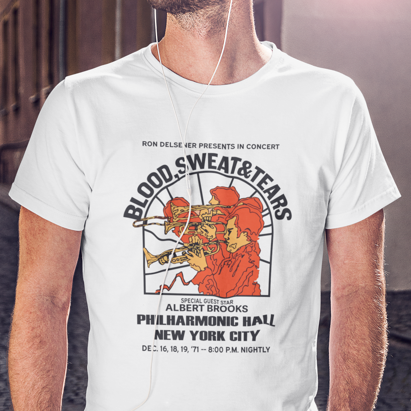 T-shirt with a Blood Sweat & Tears concert poster graphic and text