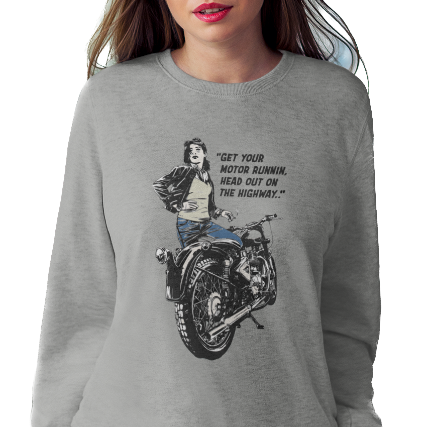 Sweatshirt with a graphic of a woman on a motorcycle and lyrics from 'Born to be Wild'