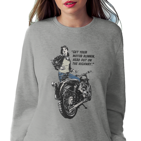 Sweatshirt with a graphic of a woman on a motorcycle and lyrics from 'Born to be Wild'