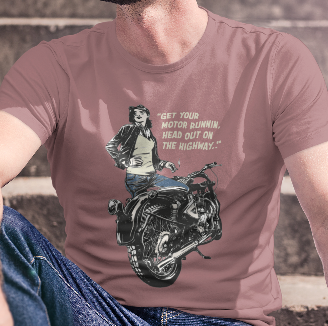 T-shirt with a graphic of a woman on a motorcycle and lyrics from 'Born to be Wild'