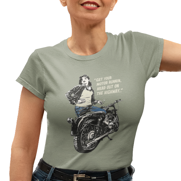 T-shirt with a graphic of a woman on a motorcycle and lyrics from 'Born to be Wild'