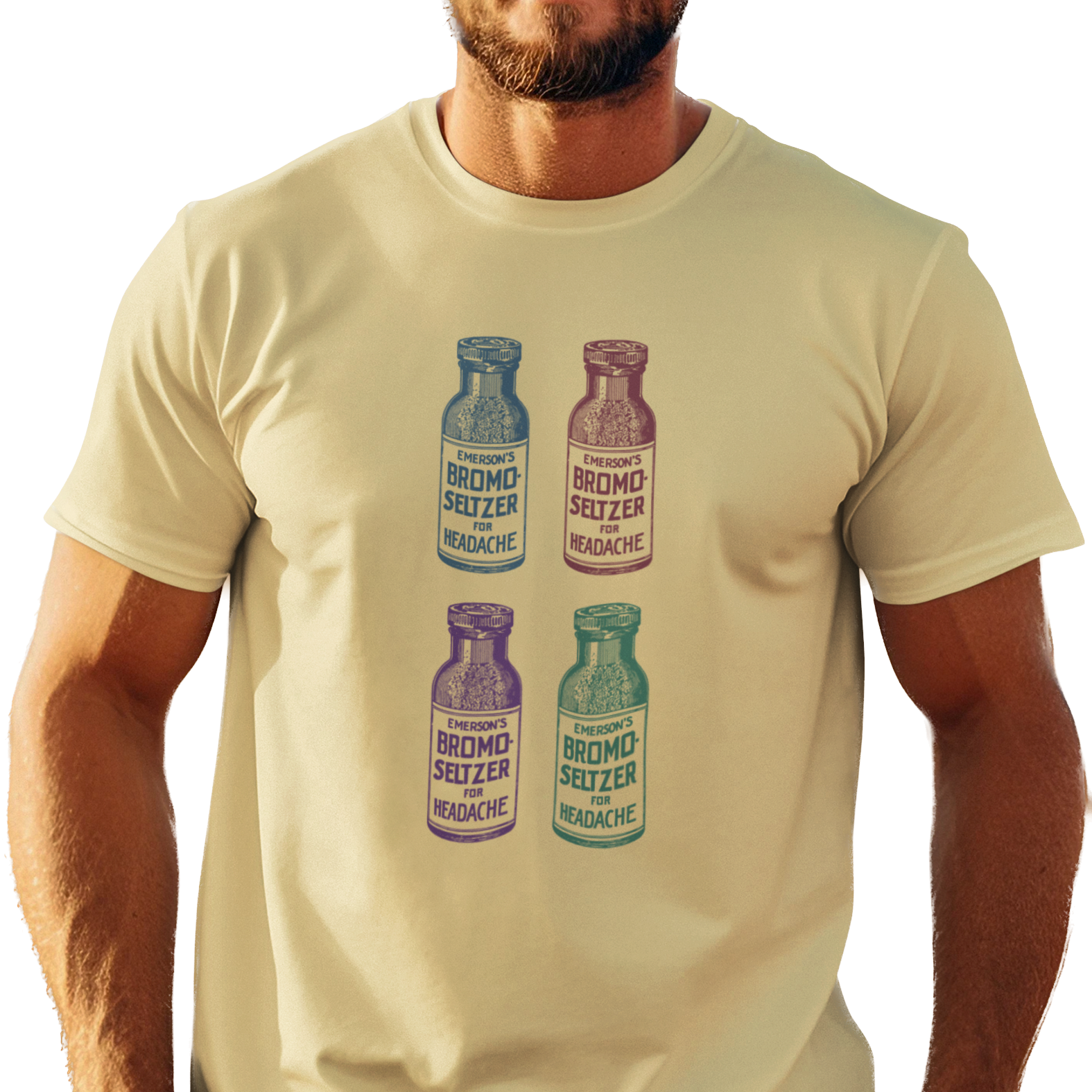 T-shirt with four different colored vintage Bromo Seltzer bottle graphics.