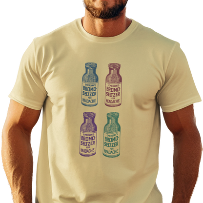 T-shirt with four different colored vintage Bromo Seltzer bottle graphics.