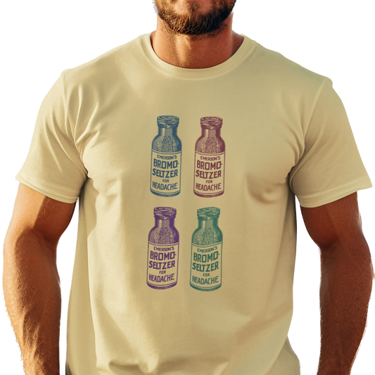 T-shirt with four different colored vintage Bromo Seltzer bottle graphics.