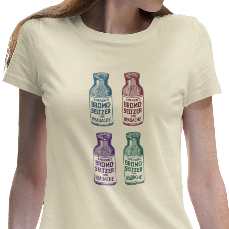 T-shirt with four different colored vintage Bromo Seltzer bottle graphics.
