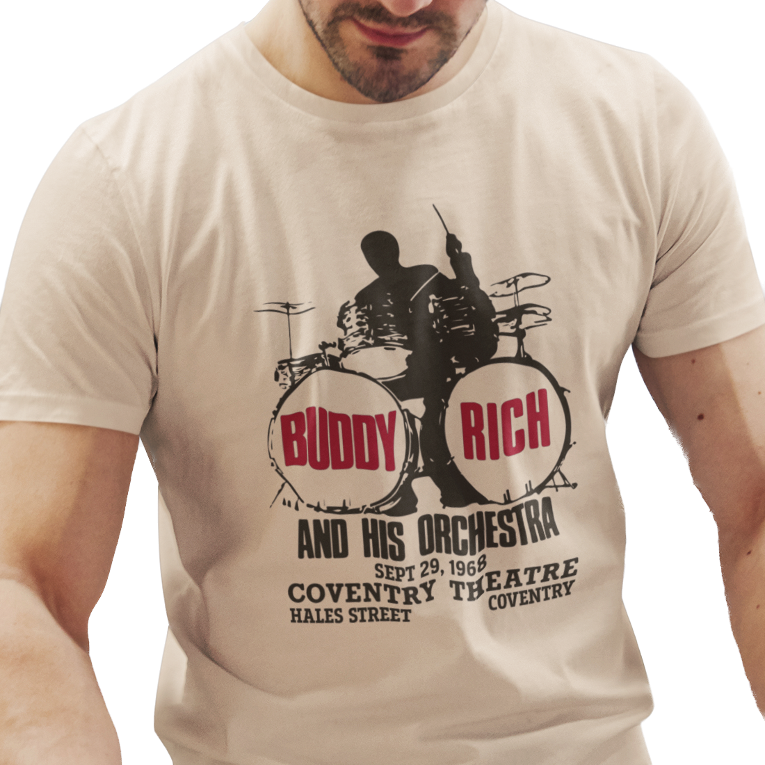 T-shirt with Buddy Rich concert poster graphic.