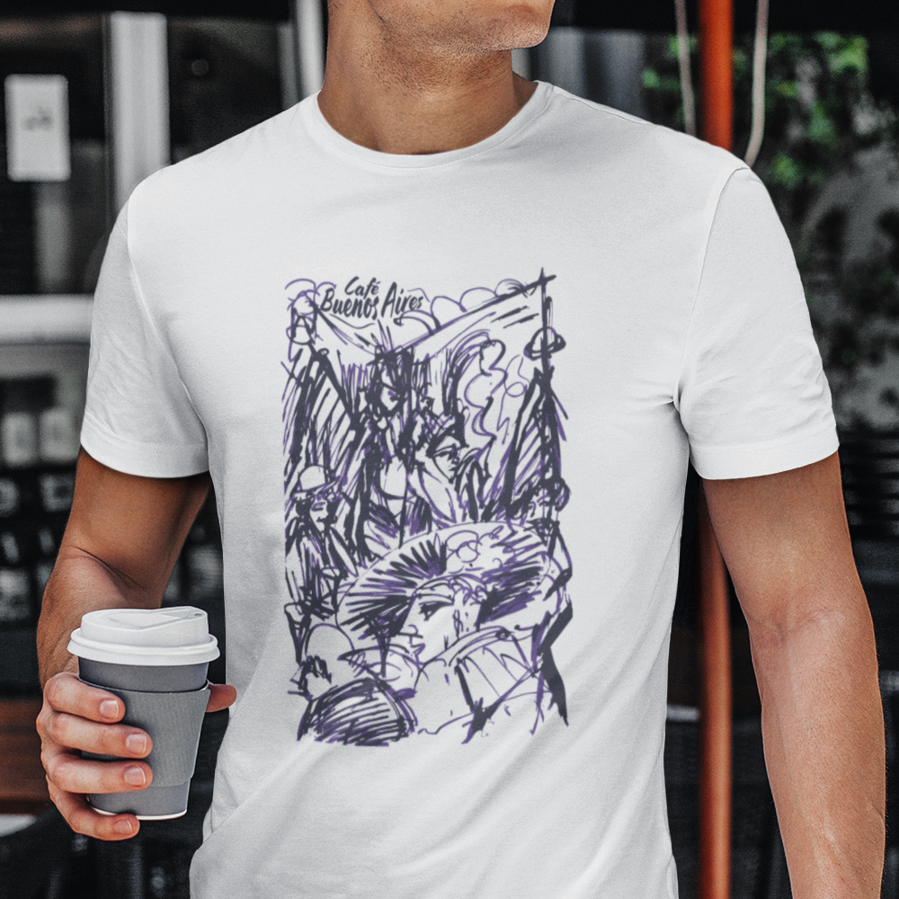T-shirt with a graphic design of people dining al fresco and 'Cafe Buenos Aires' text