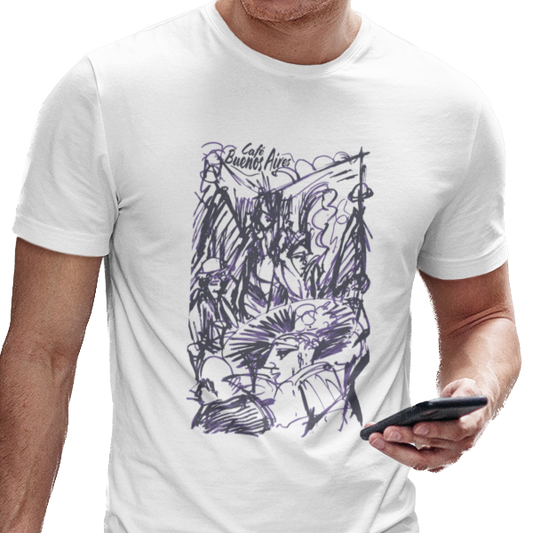 T-shirt with art graphic of diners at a cafe in Buenos Aires