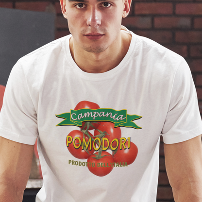 T-shirt with graphic of fresh Italian tomatoes and 'Campania Pomodori' text.