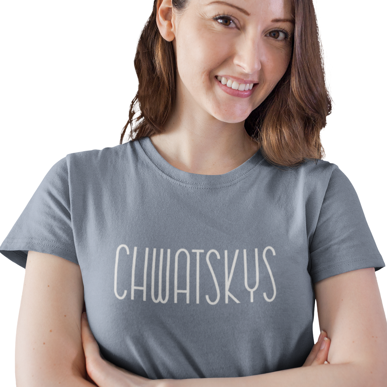 Woman wearing a gray t-shirt with 'CHWATSKYS' text on a white background