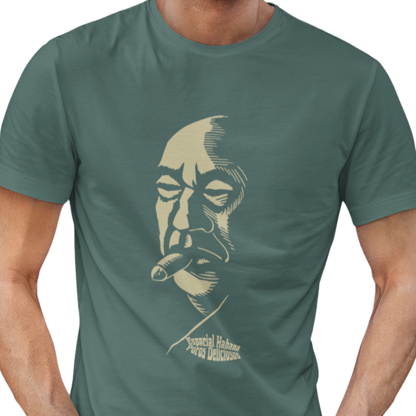 T-shirt with graphic of man smoking a cigar