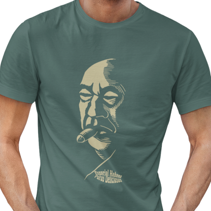 T-shirt with a graphic design of the face of a man smoking a cigar and Spanish text