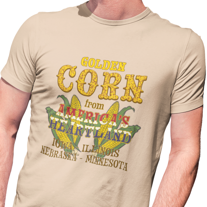 T-shirt with corn graphic and 'golden corn from America's heartland Iowa, Illinois, Nebraska, Minnesota' text