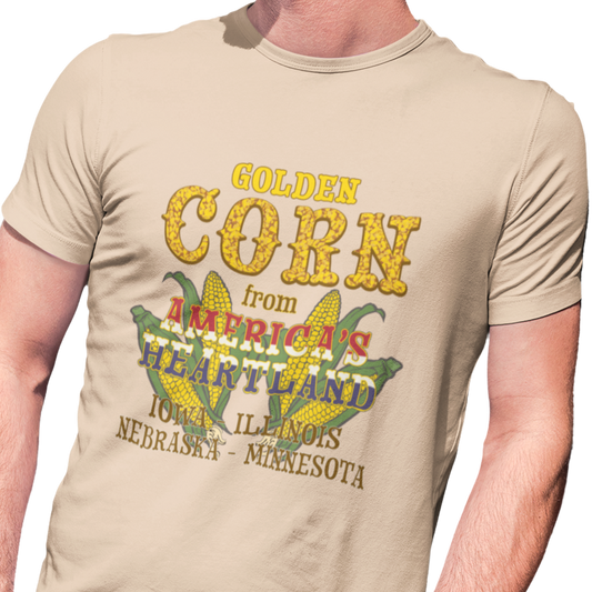 T-shirt with corn graphic and 'golden corn from America's heartland Iowa, Illinois, Nebraska, Minnesota' text