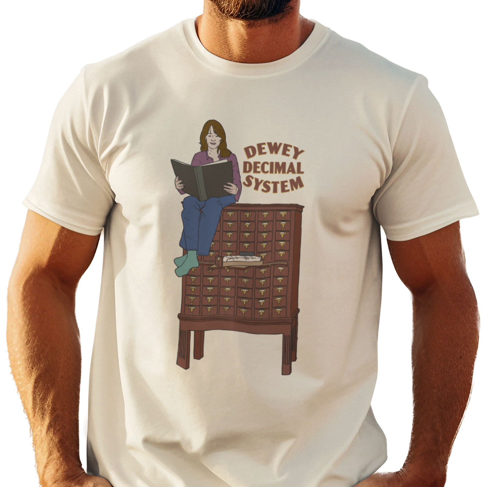 Dewey Decimal System t-shirt with graphic of woman sitting on a card catalog