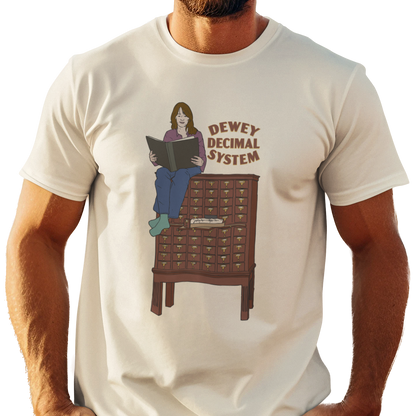 Dewey Decimal System t-shirt with graphic of woman sitting on a card catalog