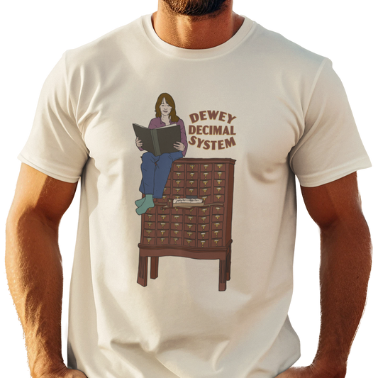 Dewey Decimal System t-shirt with graphic of woman sitting on a card catalog