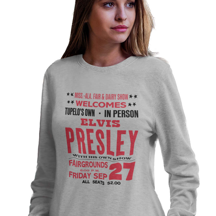 Sweatshirt with Elvis Presley state fair concert poster graphic