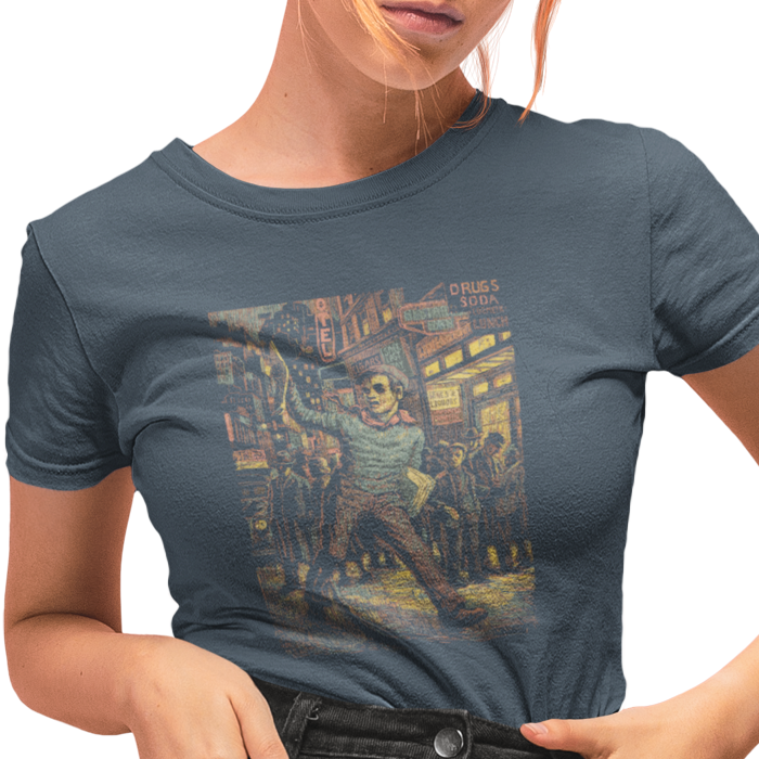 T-shirt with a graphic of a newsboy selling newspapers on a busy city street
