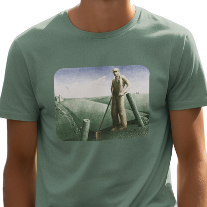 T-shirt with a graphic image of a farmer and his land.