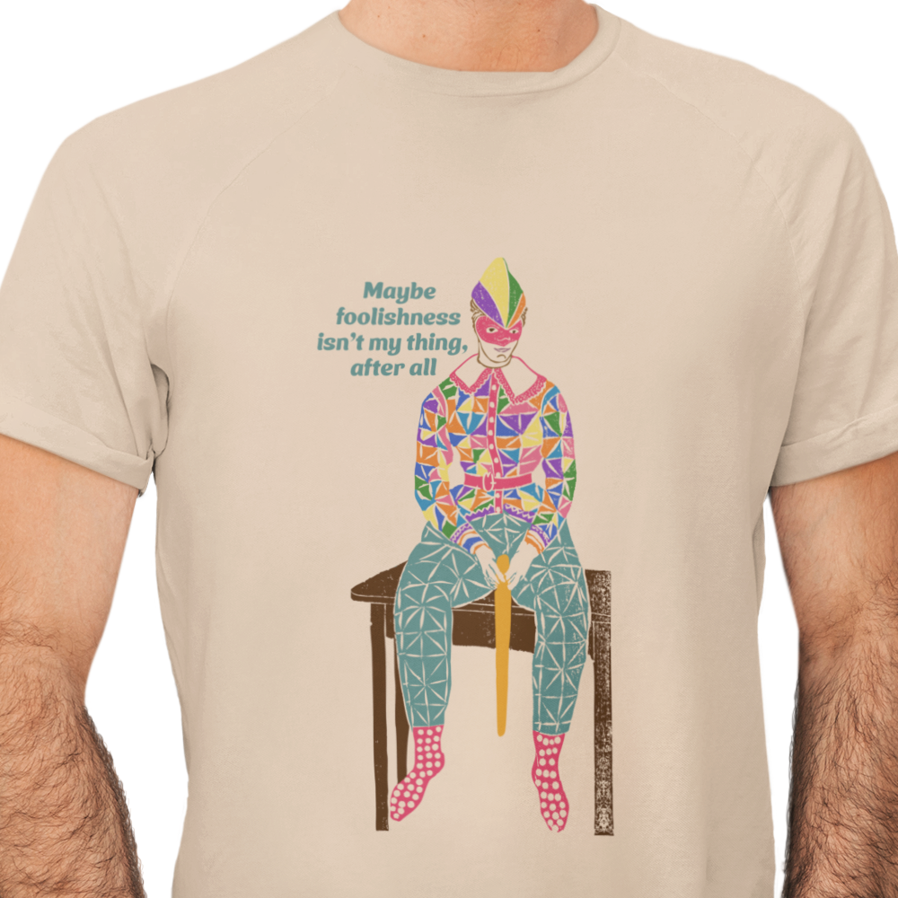 T-shirt with text and a graphic of a clownish character.