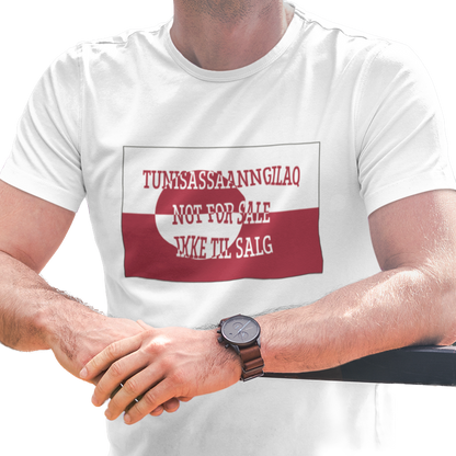 T-shirt with the Greenland flag with 'Not For Sale' in Kalaallisut, English and Danish.