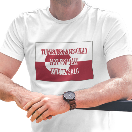 T-shirt with the Greenland flag with 'Not For Sale' in Kalaallisut, English and Danish.