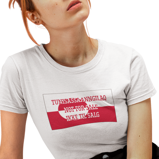 T-shirt with the Greenland flag with 'Not For Sale' in Kalaallisut, English and Danish.
