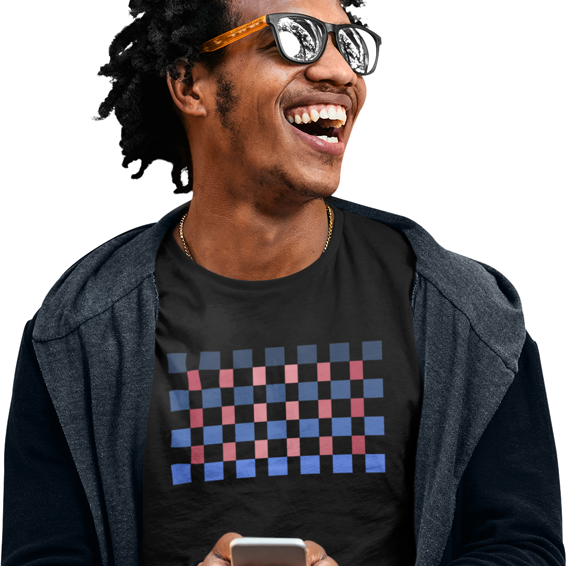 T-shirt with a blue and red geometric pattern 