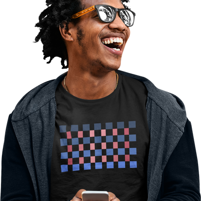 T-shirt with a blue and red geometric pattern 