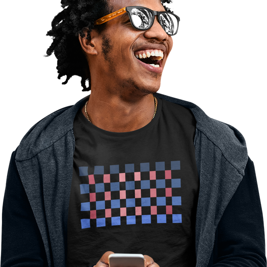 T-shirt with a blue and red geometric pattern 