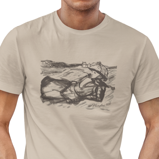t-shirt with graphic of a woman on beach dunes and 'Hamptons 1900' text