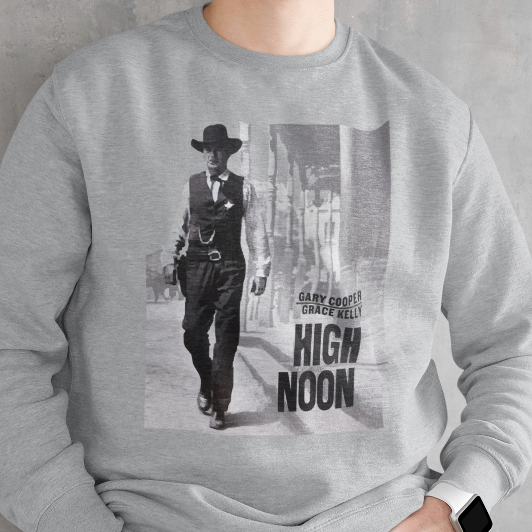 Gray sweatshirt with 'High Noon' movie poster design featuring Gary Cooper and Grace Kelly.
