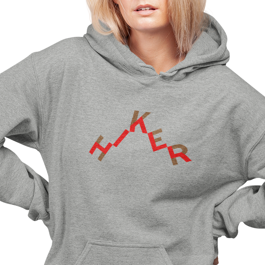 T-shirt with "hiker" text in a trail design.